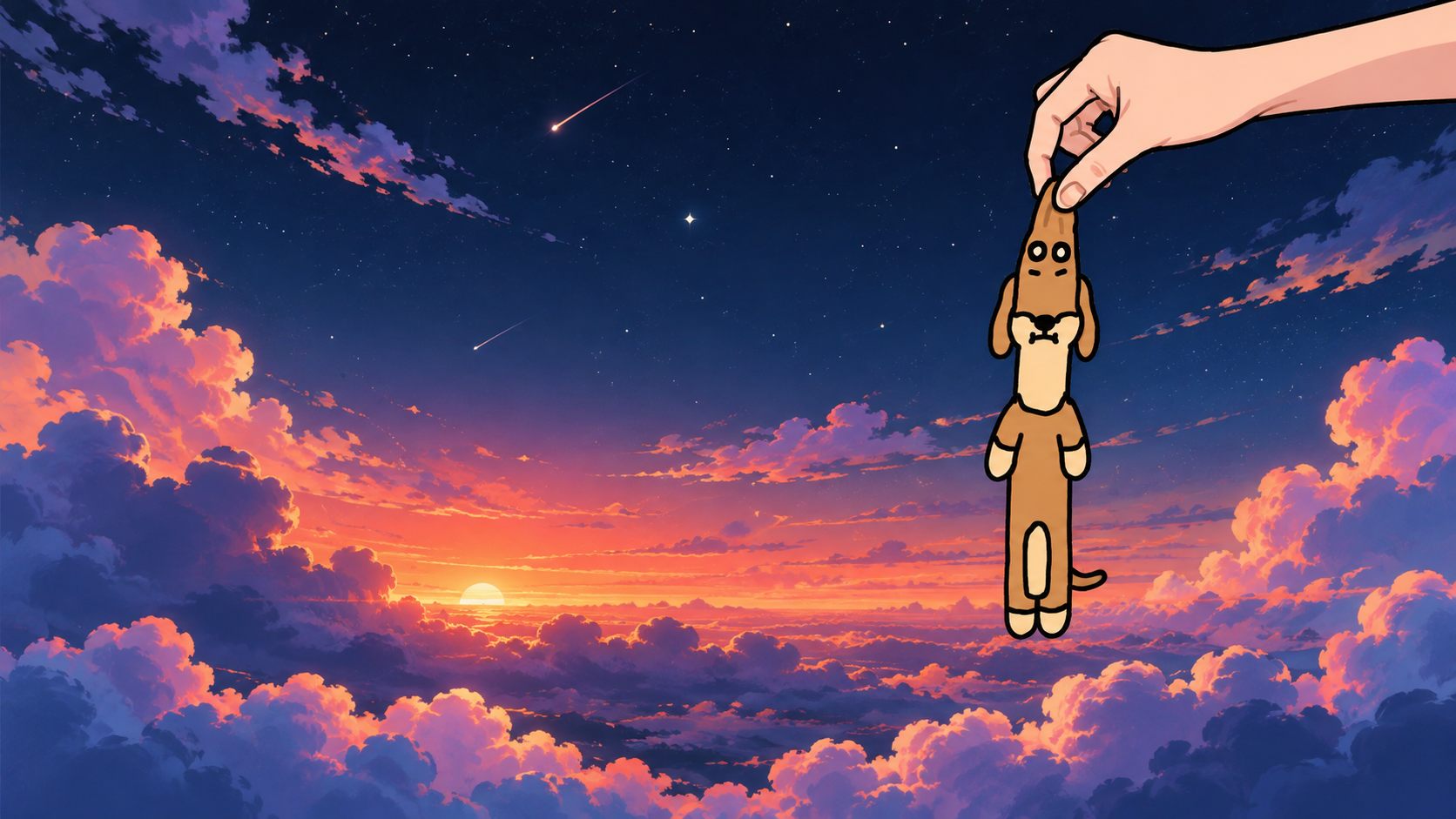 Dogu held up against a vast sunset sky by a giant hand