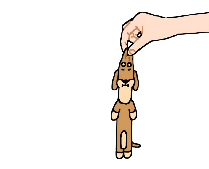 A hand lifting Dogu up by his ears