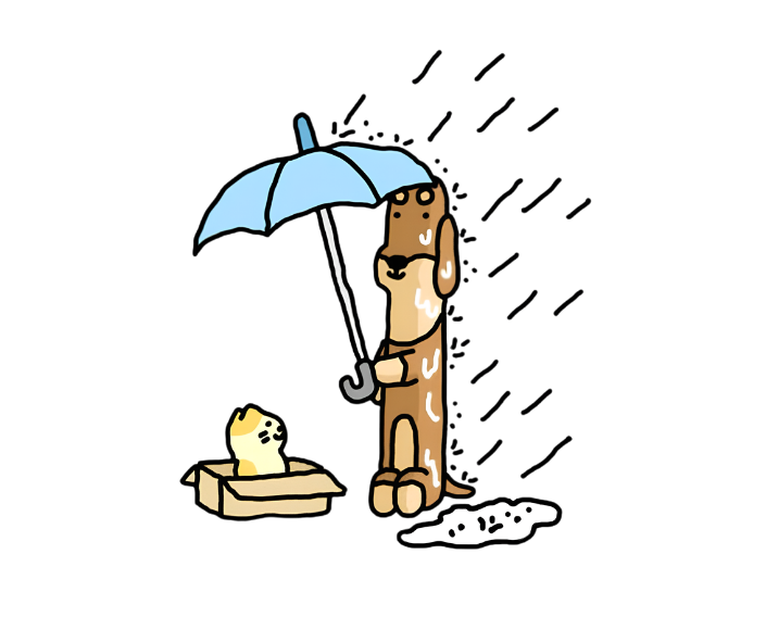 Dogu holding an umbrella over a small chick in a box, getting rained on himself