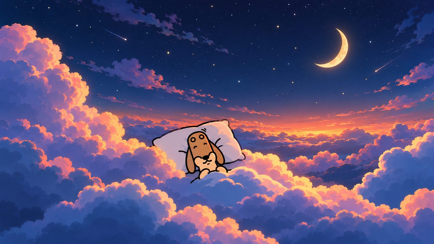 Dogu asleep on a pillow among the clouds at night
